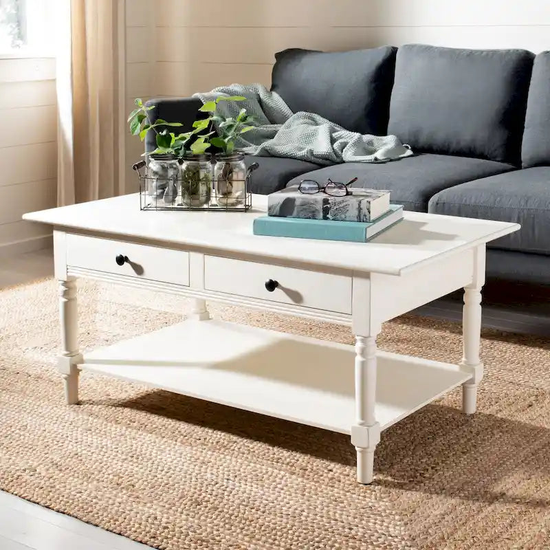 Farmhouse Pine Wood Coffee Table with 2 Drawers and Lower Shelf, Multi-Color