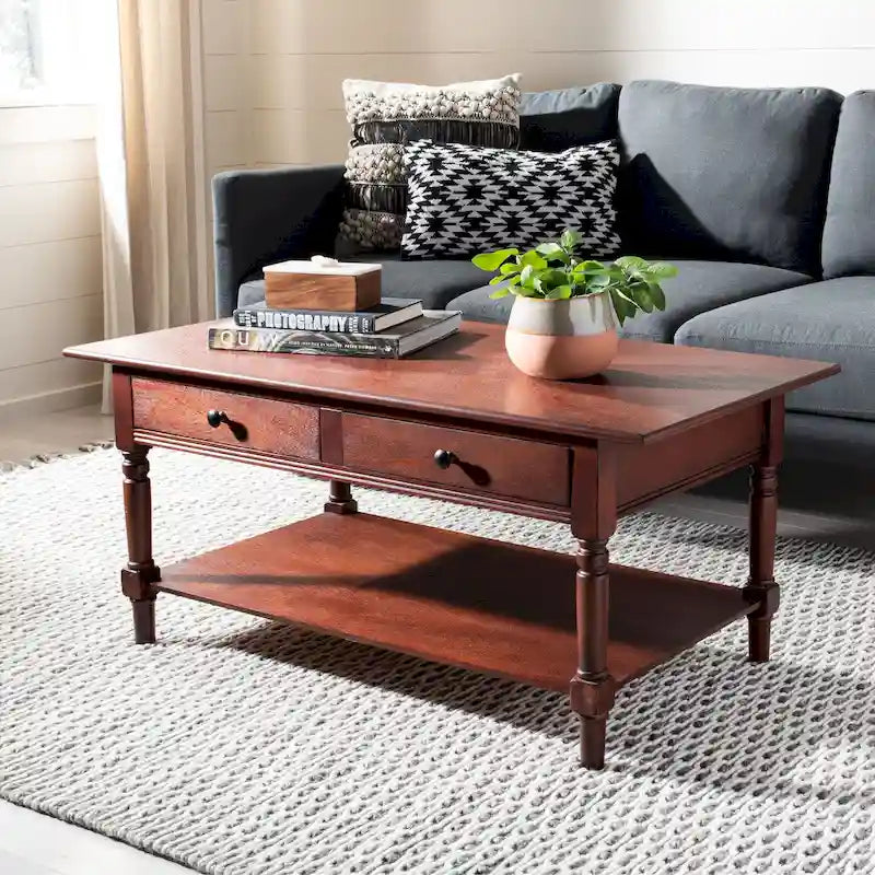 Farmhouse Pine Wood Coffee Table with 2 Drawers and Lower Shelf, Multi-Color