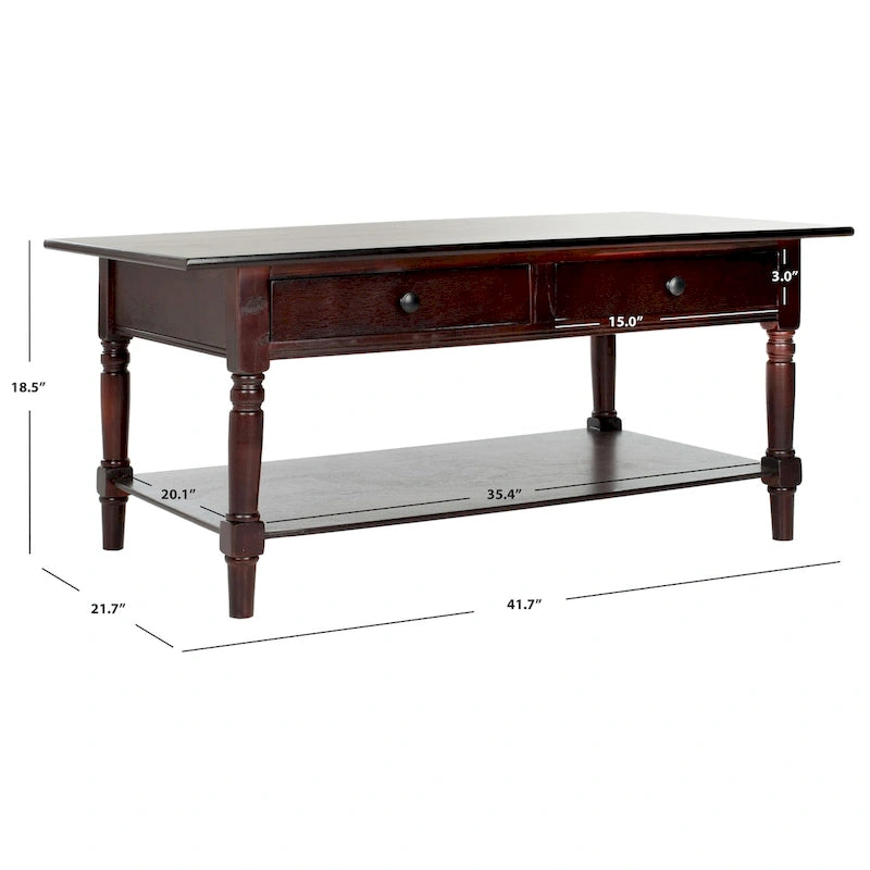Farmhouse Pine Wood Coffee Table with 2 Drawers and Lower Shelf, Multi-Color