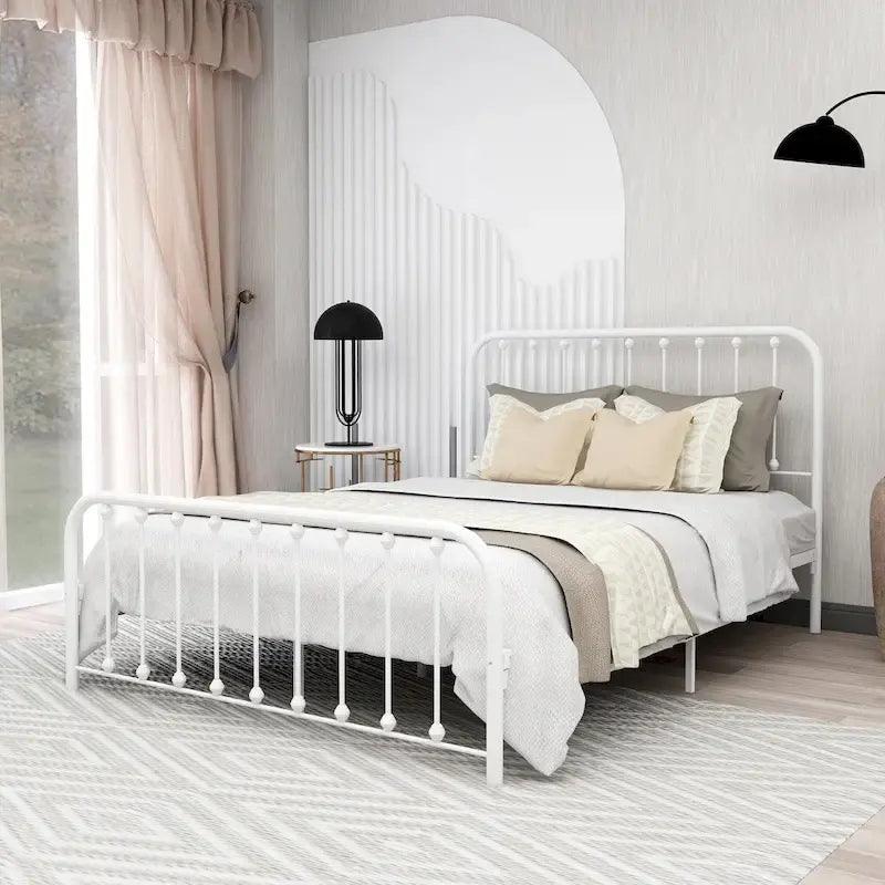 Metal Platform Bed Frame with Rounded Headboard, Finial Detail and Open Rail Design, Multi-Color