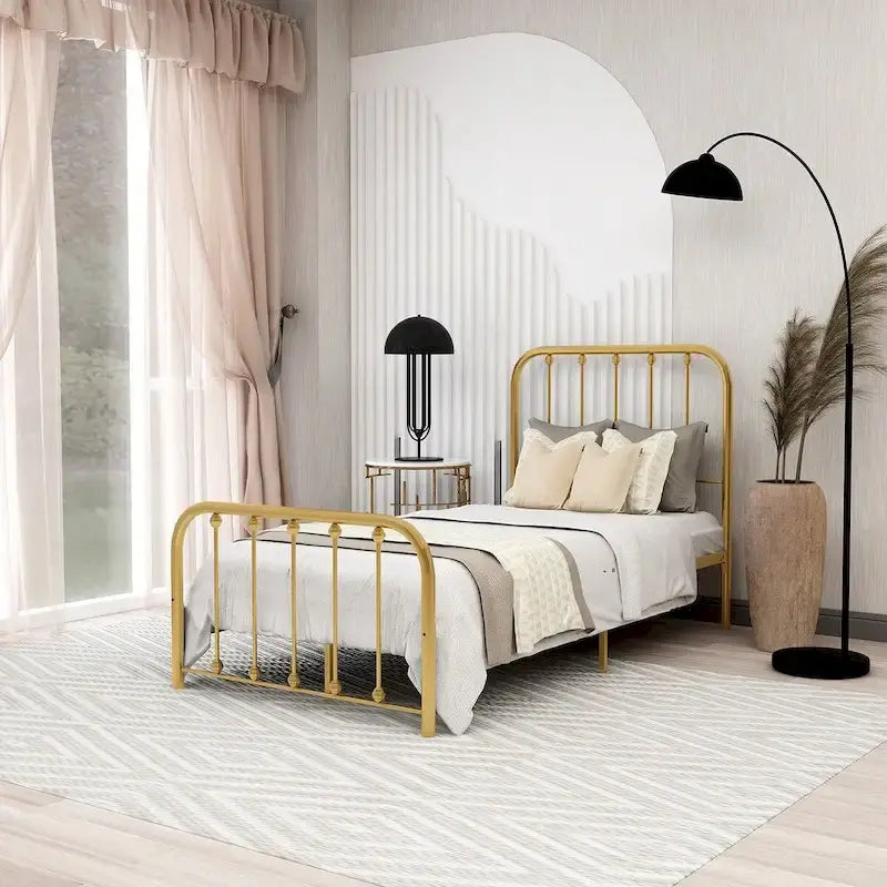 Metal Platform Bed Frame with Rounded Headboard, Finial Detail and Open Rail Design, Multi-Color