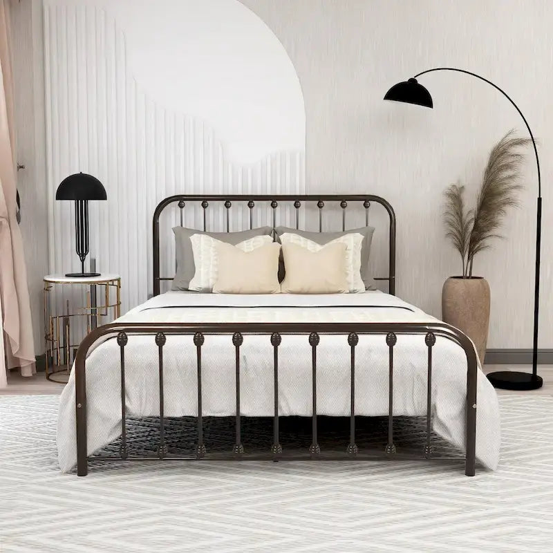 Metal Platform Bed Frame with Rounded Headboard, Finial Detail and Open Rail Design, Multi-Color