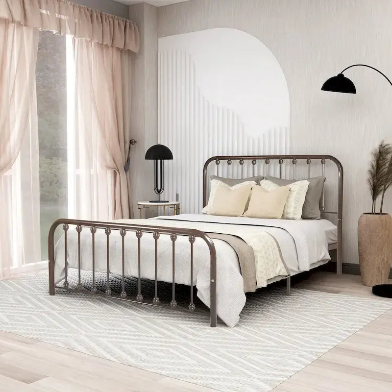 Metal Platform Bed Frame with Rounded Headboard, Finial Detail and Open Rail Design, Multi-Color