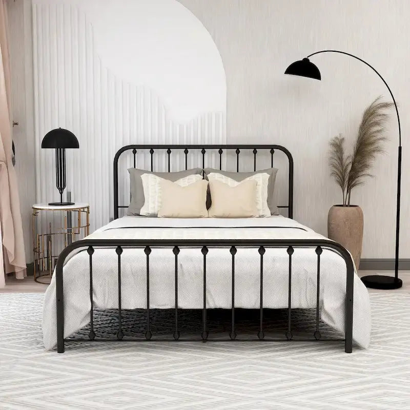 Metal Platform Bed Frame with Rounded Headboard, Finial Detail and Open Rail Design, Multi-Color