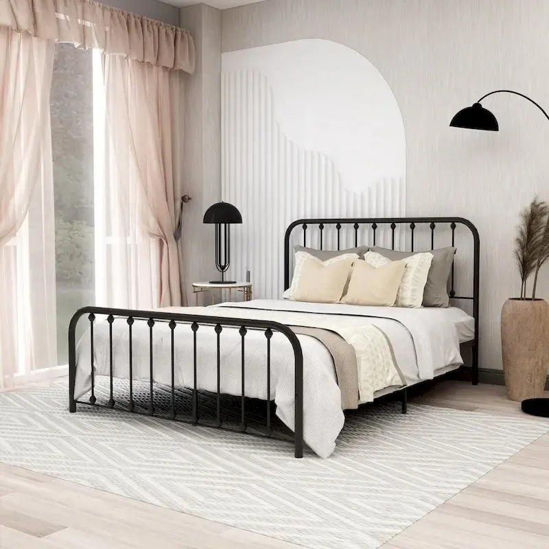 Metal Platform Bed Frame with Rounded Headboard, Finial Detail and Open Rail Design, Multi-Color