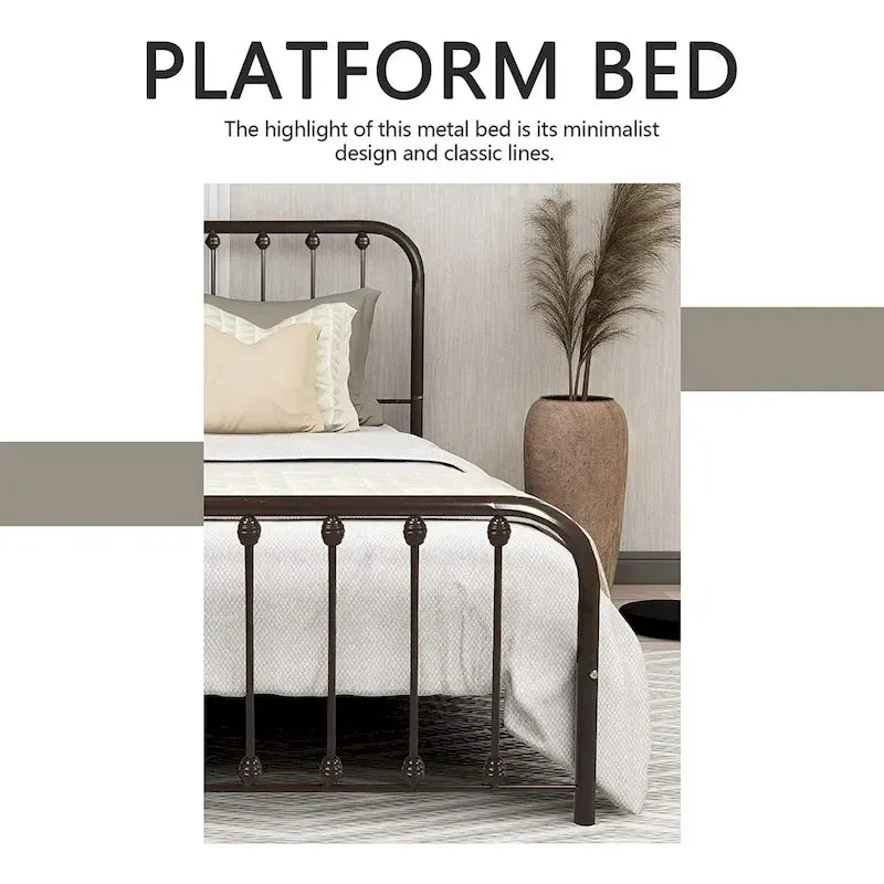 Metal Platform Bed Frame with Rounded Headboard, Finial Detail and Open Rail Design, Multi-Color