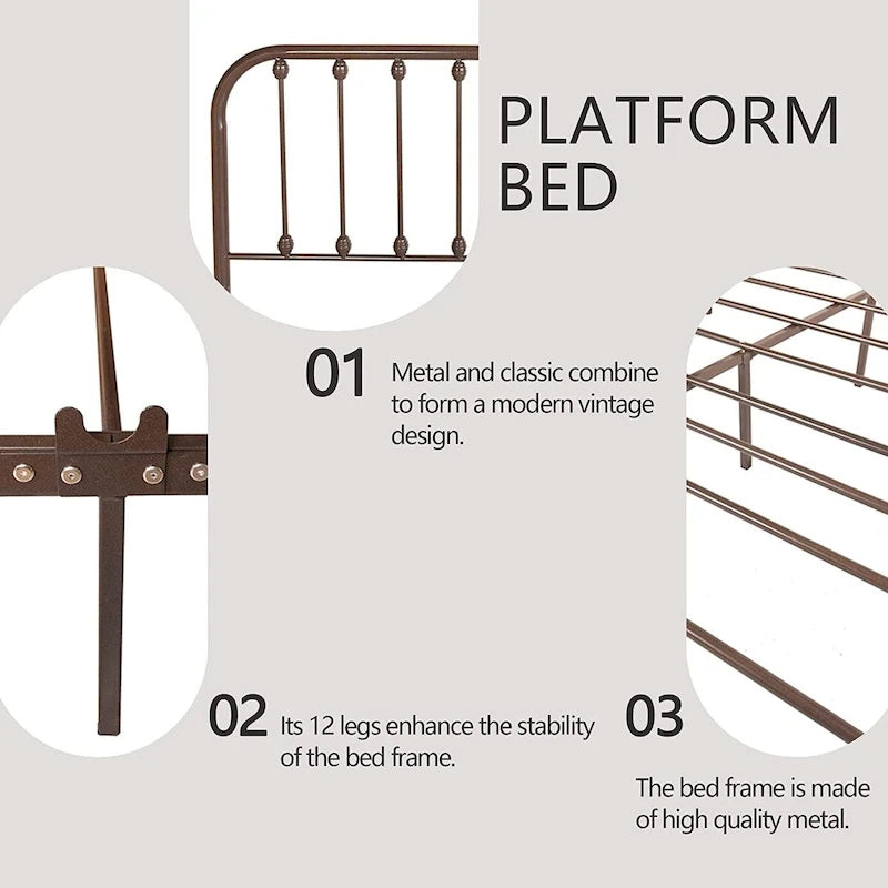 Metal Platform Bed Frame with Rounded Headboard, Finial Detail and Open Rail Design, Multi-Color