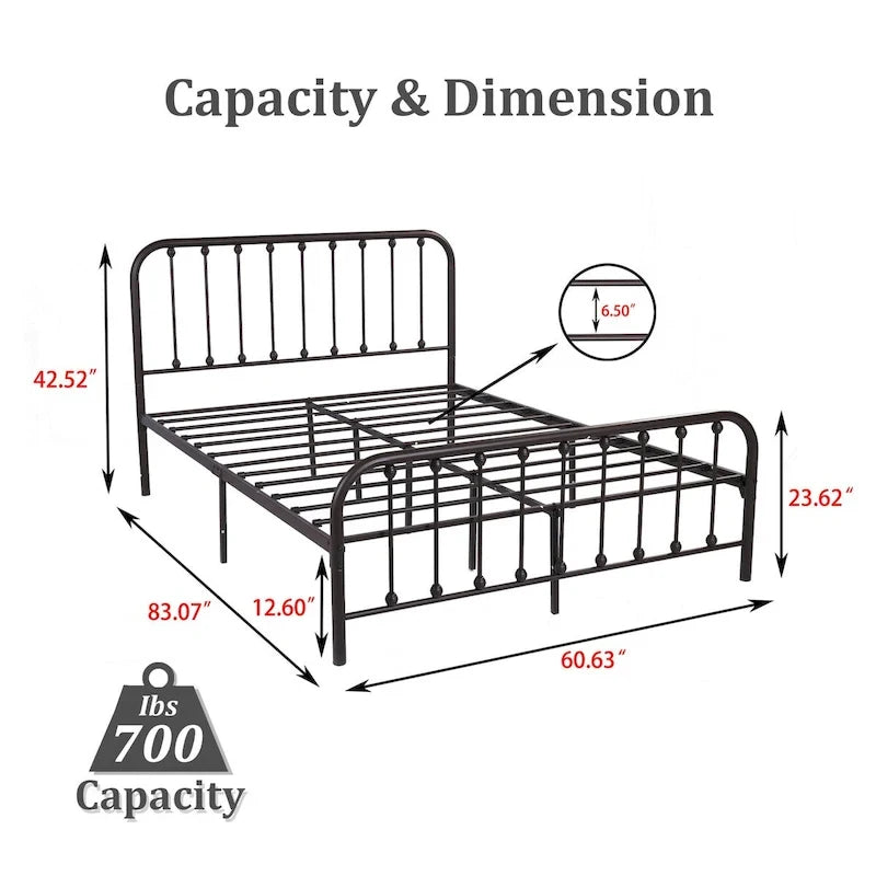 Metal Platform Bed Frame with Rounded Headboard, Finial Detail and Open Rail Design, Multi-Color
