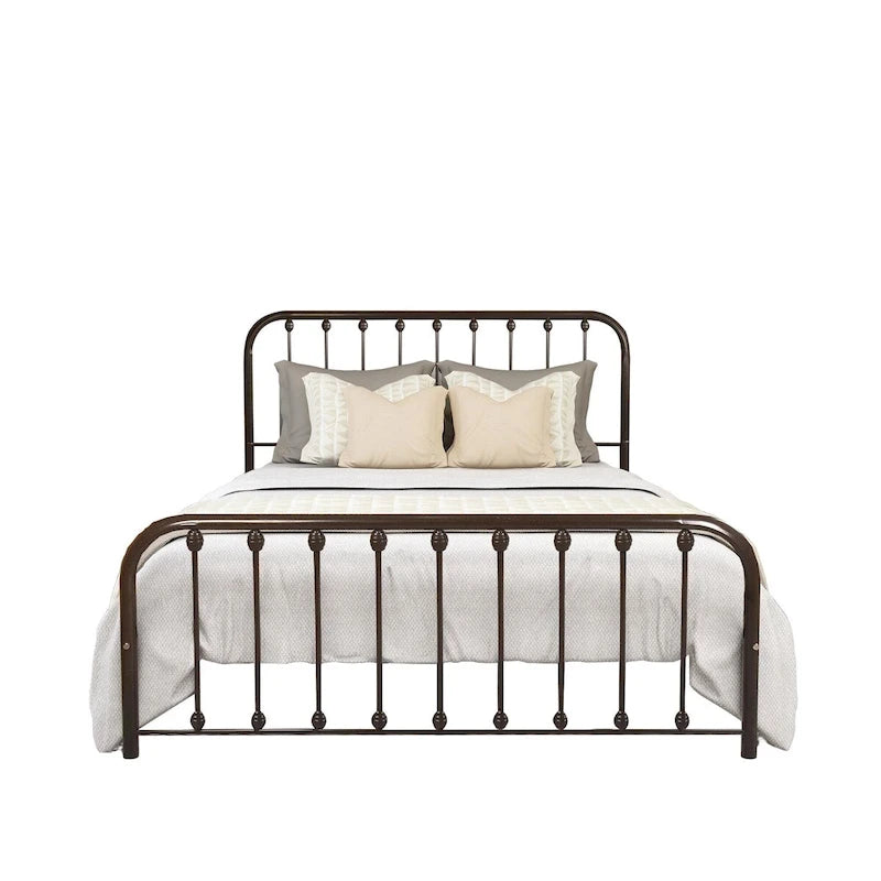 Metal Platform Bed Frame with Rounded Headboard, Finial Detail and Open Rail Design, Multi-Color