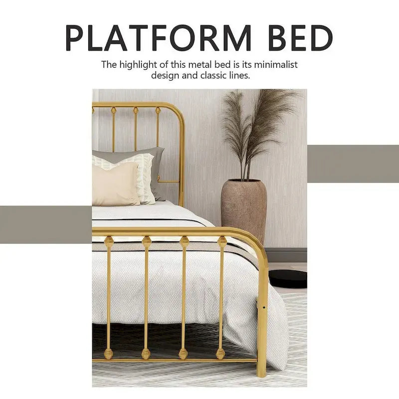 Metal Platform Bed Frame with Rounded Headboard, Finial Detail and Open Rail Design, Multi-Color