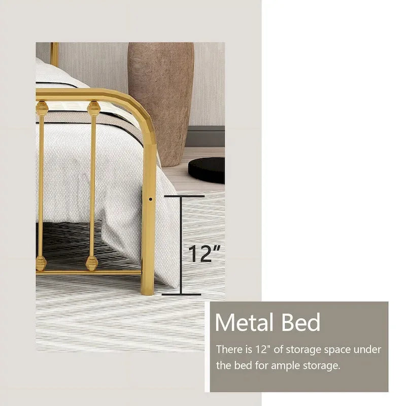 Metal Platform Bed Frame with Rounded Headboard, Finial Detail and Open Rail Design, Multi-Color
