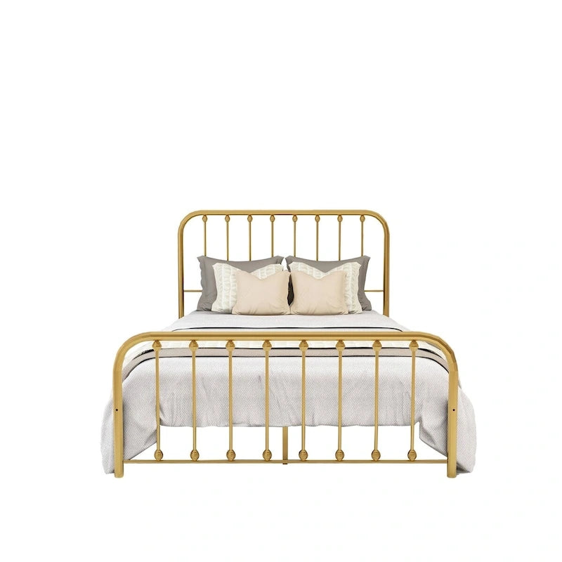 Metal Platform Bed Frame with Rounded Headboard, Finial Detail and Open Rail Design, Multi-Color