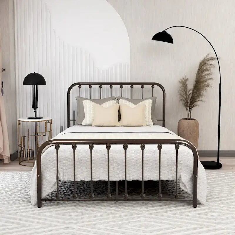 Metal Platform Bed Frame with Rounded Headboard, Finial Detail and Open Rail Design, Multi-Color