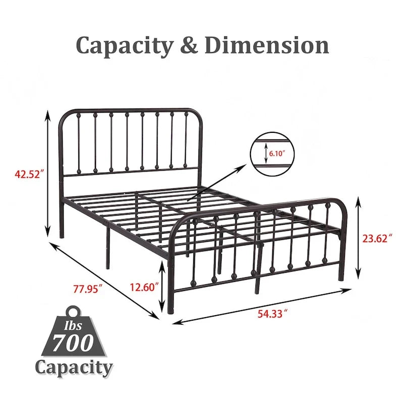 Metal Platform Bed Frame with Rounded Headboard, Finial Detail and Open Rail Design, Multi-Color