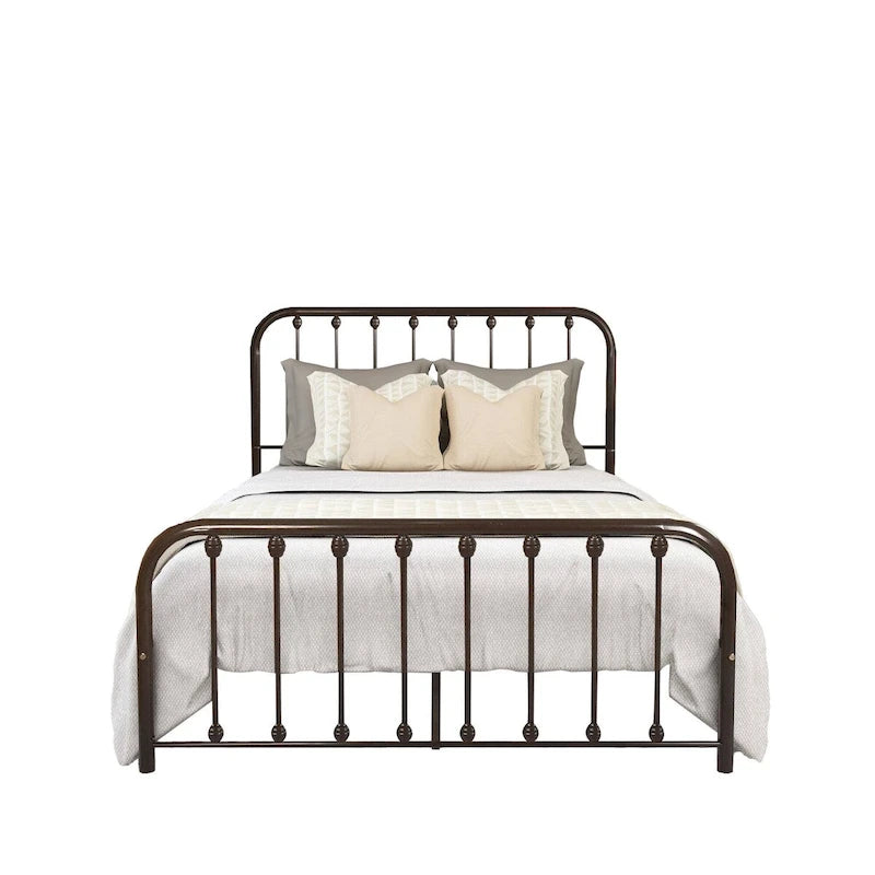 Metal Platform Bed Frame with Rounded Headboard, Finial Detail and Open Rail Design, Multi-Color
