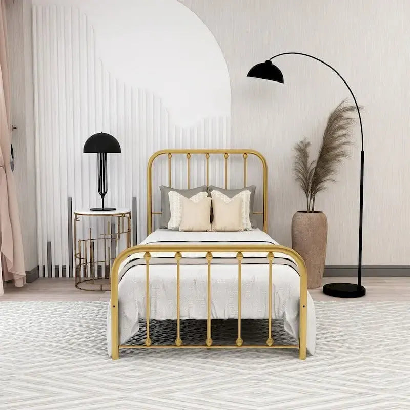 Metal Platform Bed Frame with Rounded Headboard, Finial Detail and Open Rail Design, Multi-Color