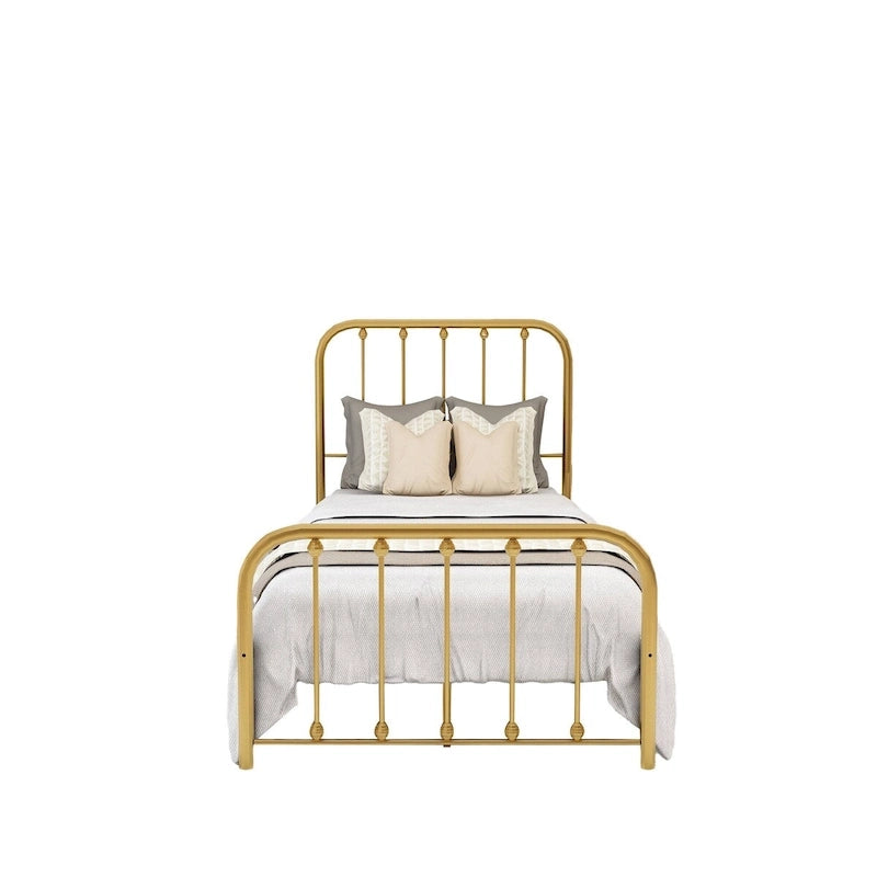 Metal Platform Bed Frame with Rounded Headboard, Finial Detail and Open Rail Design, Multi-Color