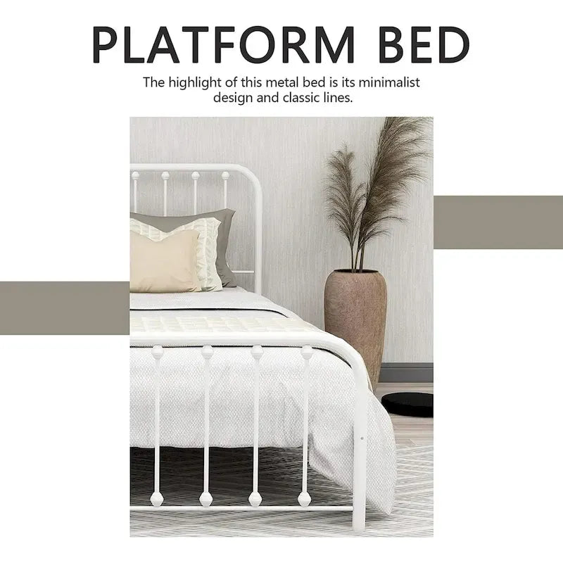 Metal Platform Bed Frame with Rounded Headboard, Finial Detail and Open Rail Design, Multi-Color