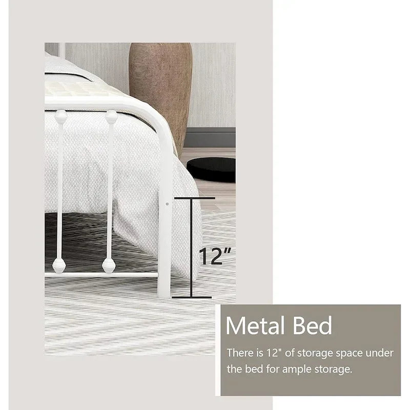 Metal Platform Bed Frame with Rounded Headboard, Finial Detail and Open Rail Design, Multi-Color