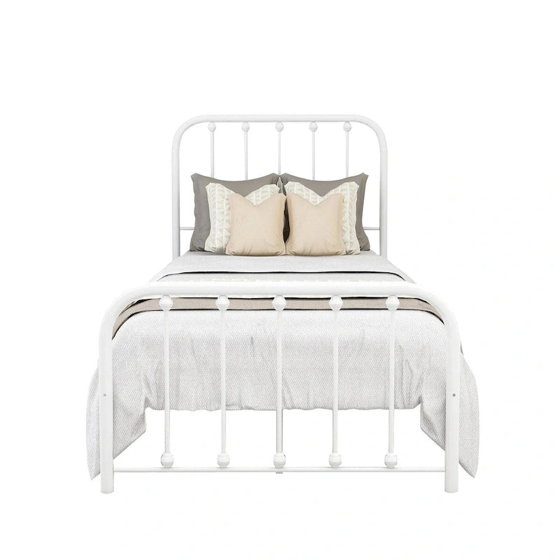 Metal Platform Bed Frame with Rounded Headboard, Finial Detail and Open Rail Design, Multi-Color