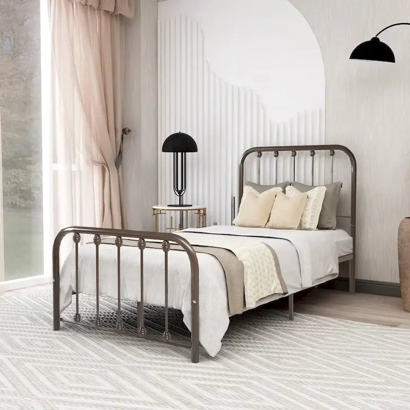 Metal Platform Bed Frame with Rounded Headboard, Finial Detail and Open Rail Design, Multi-Color