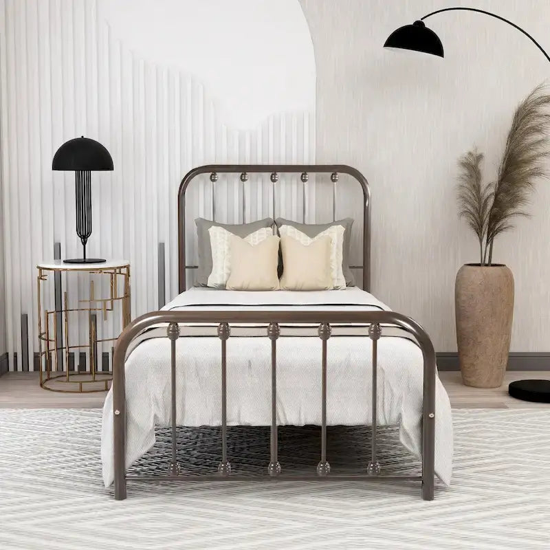 Metal Platform Bed Frame with Rounded Headboard, Finial Detail and Open Rail Design, Multi-Color