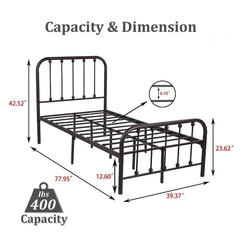 Metal Platform Bed Frame with Rounded Headboard, Finial Detail and Open Rail Design, Multi-Color
