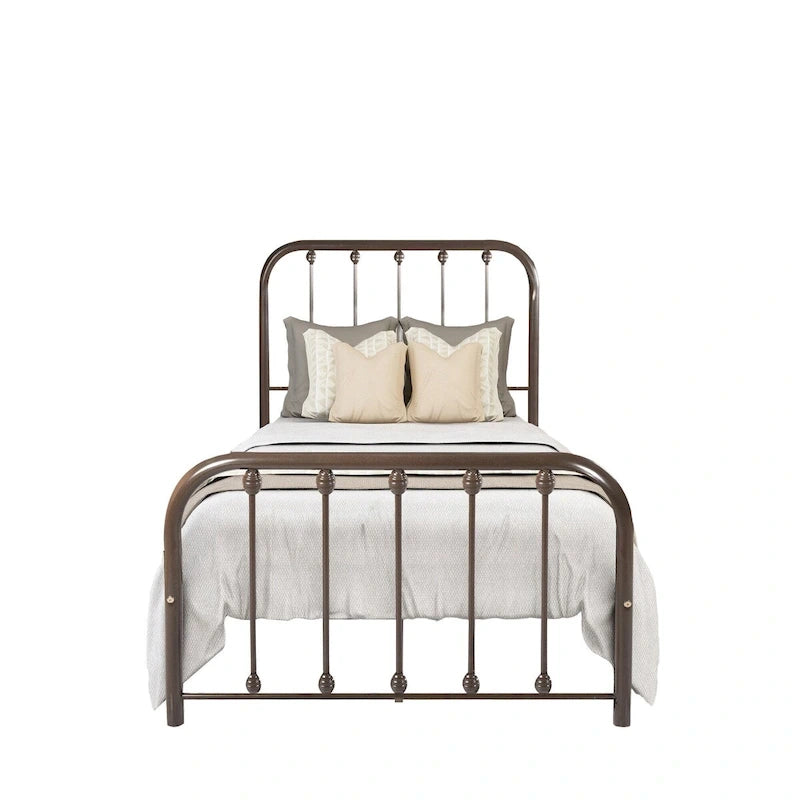 Metal Platform Bed Frame with Rounded Headboard, Finial Detail and Open Rail Design, Multi-Color