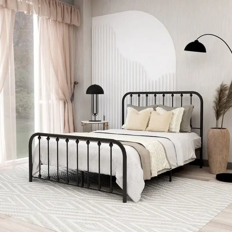 Metal Platform Bed Frame with Rounded Headboard, Finial Detail and Open Rail Design, Multi-Color