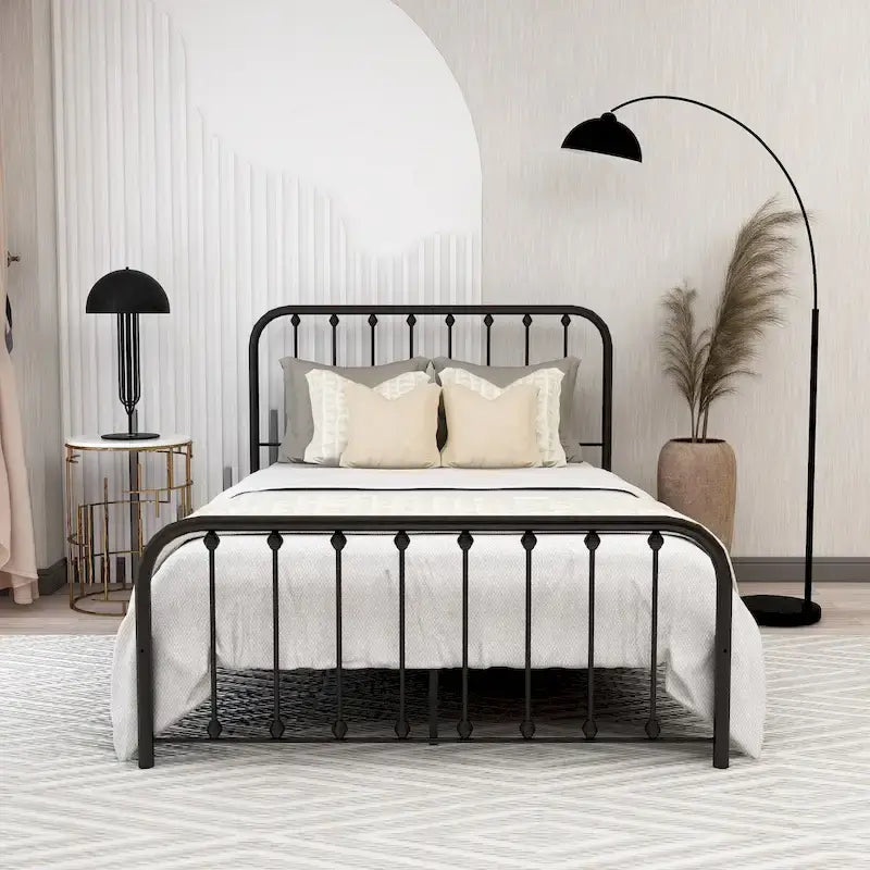Metal Platform Bed Frame with Rounded Headboard, Finial Detail and Open Rail Design, Multi-Color