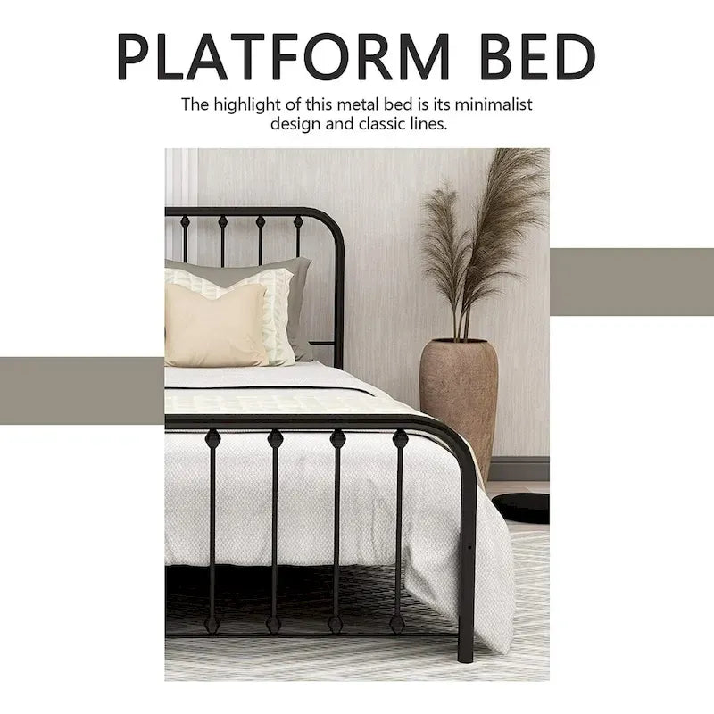 Metal Platform Bed Frame with Rounded Headboard, Finial Detail and Open Rail Design, Multi-Color