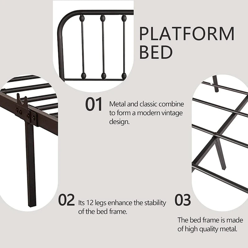 Metal Platform Bed Frame with Rounded Headboard, Finial Detail and Open Rail Design, Multi-Color