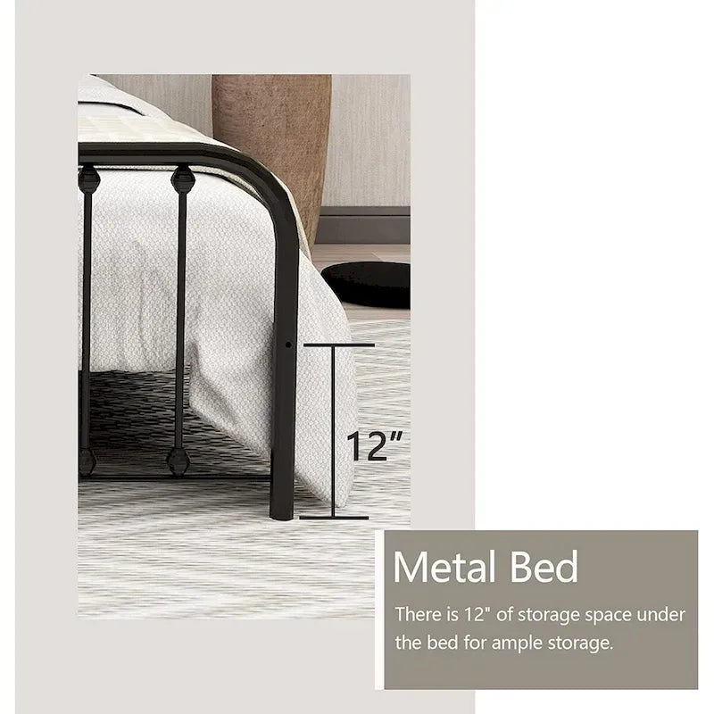 Metal Platform Bed Frame with Rounded Headboard, Finial Detail and Open Rail Design, Multi-Color