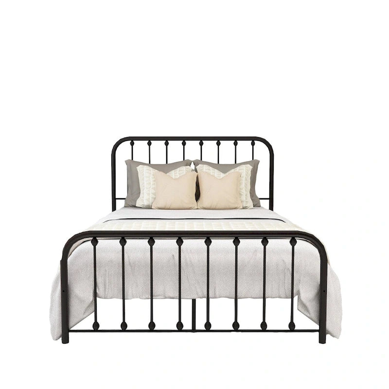 Metal Platform Bed Frame with Rounded Headboard, Finial Detail and Open Rail Design, Multi-Color