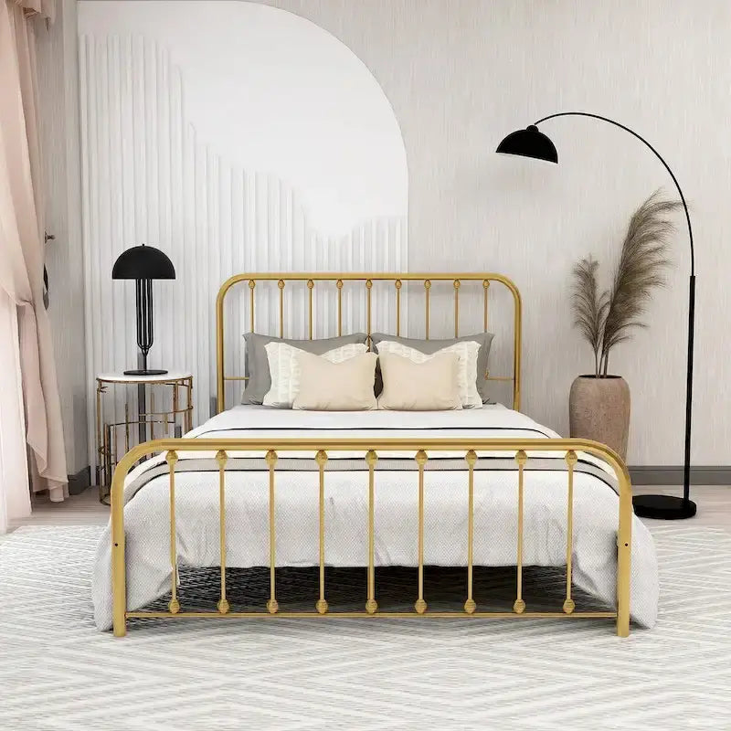 Metal Platform Bed Frame with Rounded Headboard, Finial Detail and Open Rail Design, Multi-Color