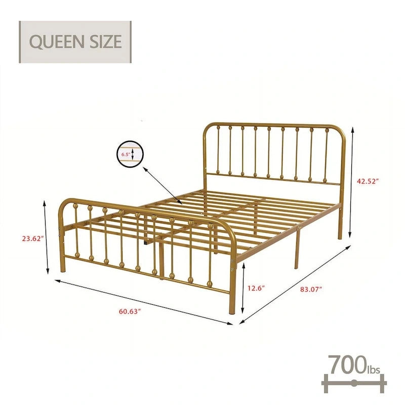 Metal Platform Bed Frame with Rounded Headboard, Finial Detail and Open Rail Design, Multi-Color