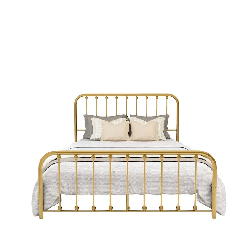 Metal Platform Bed Frame with Rounded Headboard, Finial Detail and Open Rail Design, Multi-Color