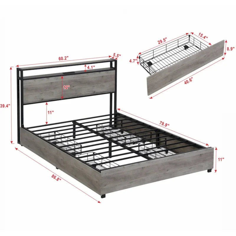Antique Gray Wood Platform Bed Frame with LED Headboard and Charging Station