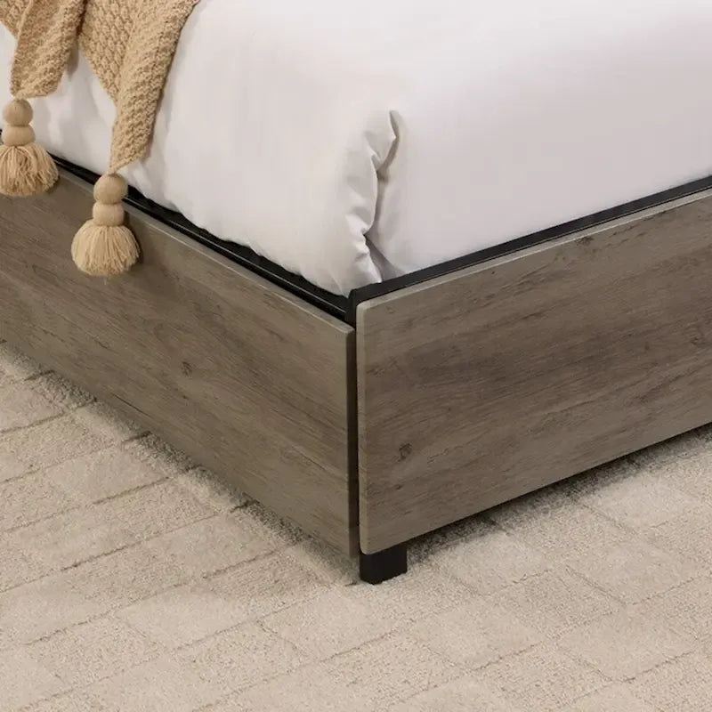 Antique Gray Wood Platform Bed Frame with LED Headboard and Charging Station