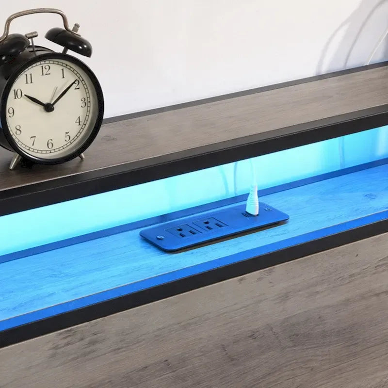 Antique Gray Wood Platform Bed Frame with LED Headboard and Charging Station