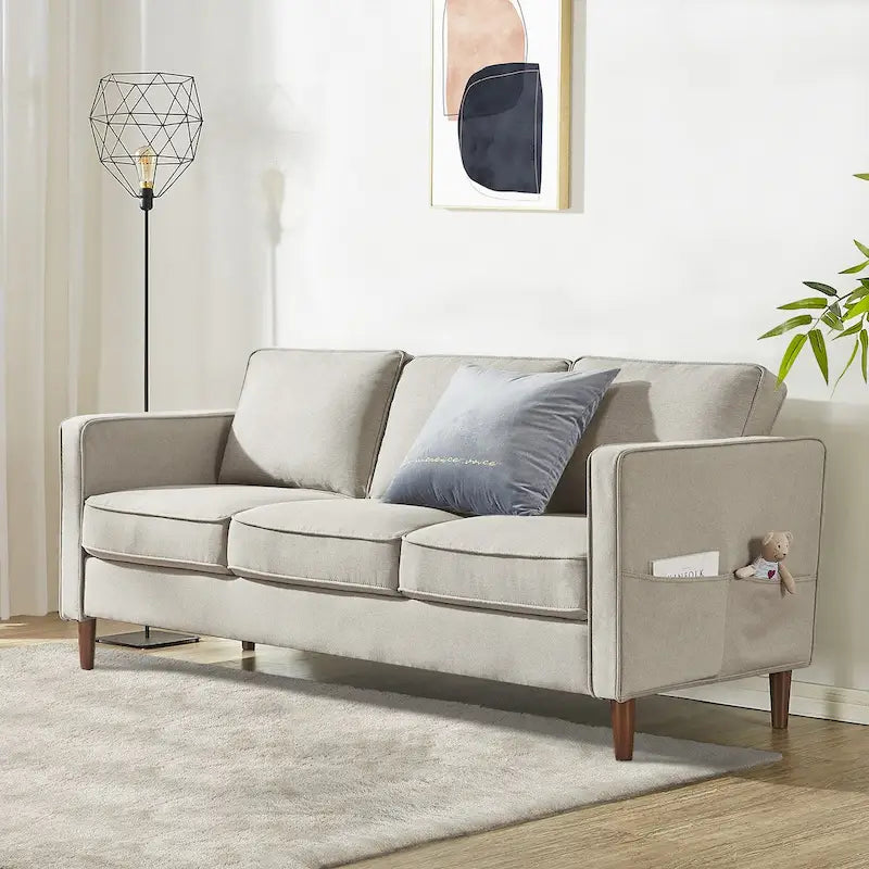 Modern Linen 3-Seat Sofa with Armrest Pockets and Wood Legs, Multi-Color