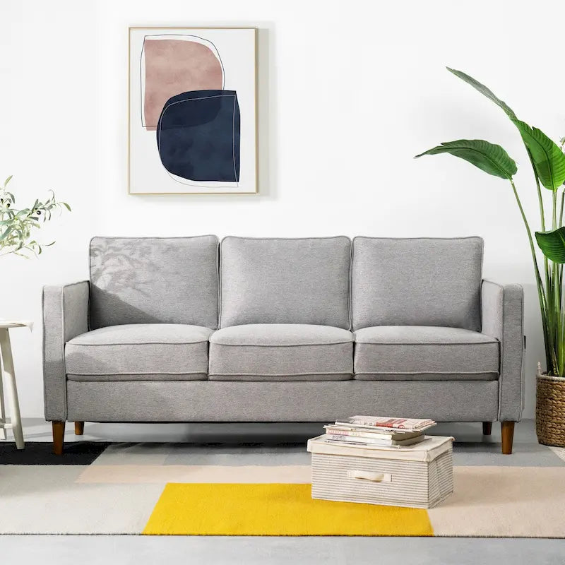 Modern Linen 3-Seat Sofa with Armrest Pockets and Wood Legs, Multi-Color