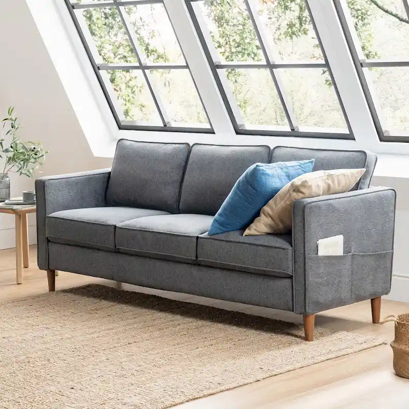Modern Linen 3-Seat Sofa with Armrest Pockets and Wood Legs, Multi-Color