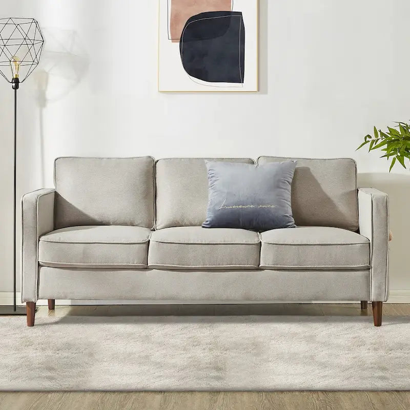 Modern Linen 3-Seat Sofa with Armrest Pockets and Wood Legs, Multi-Color