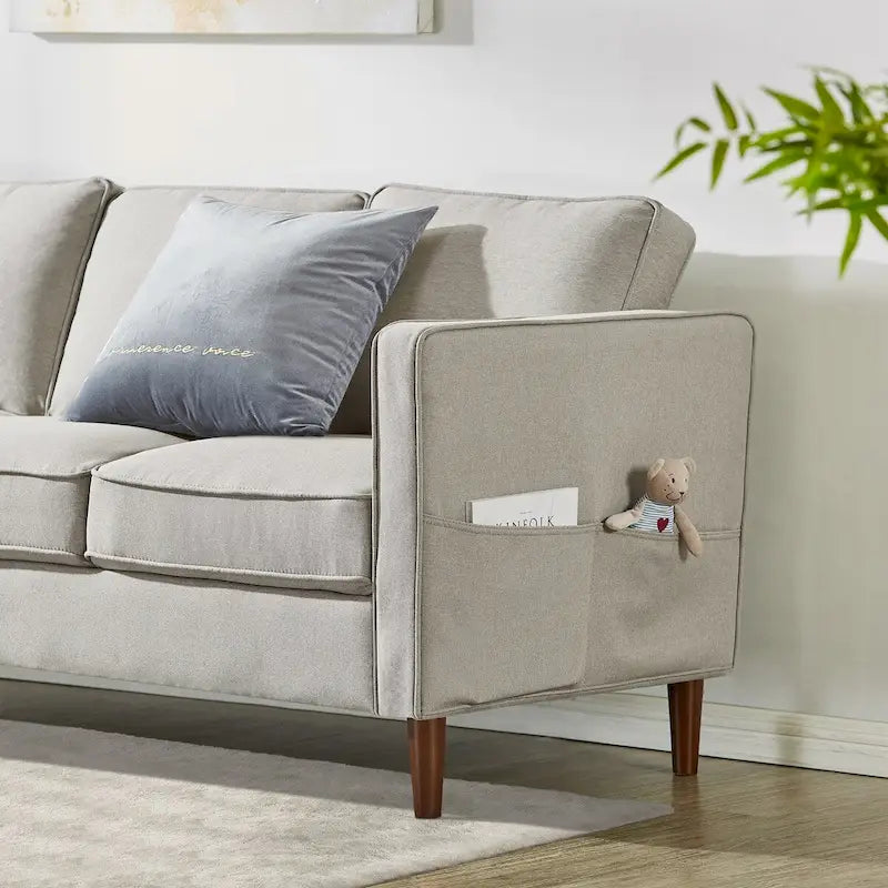 Modern Linen 3-Seat Sofa with Armrest Pockets and Wood Legs, Multi-Color