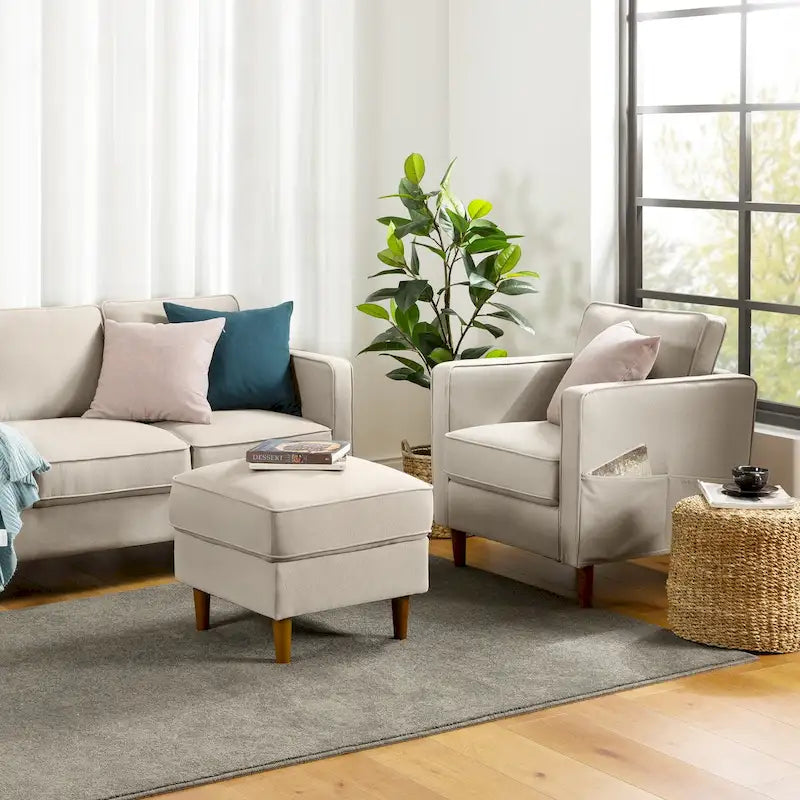 Modern Linen 3-Seat Sofa with Armrest Pockets and Wood Legs, Multi-Color