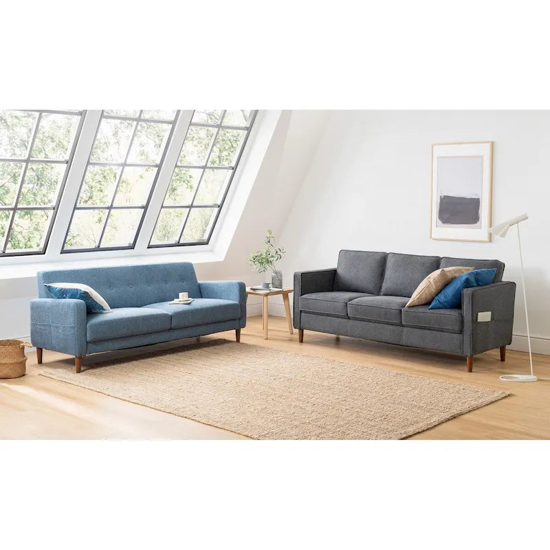 Modern Linen 3-Seat Sofa with Armrest Pockets and Wood Legs, Multi-Color