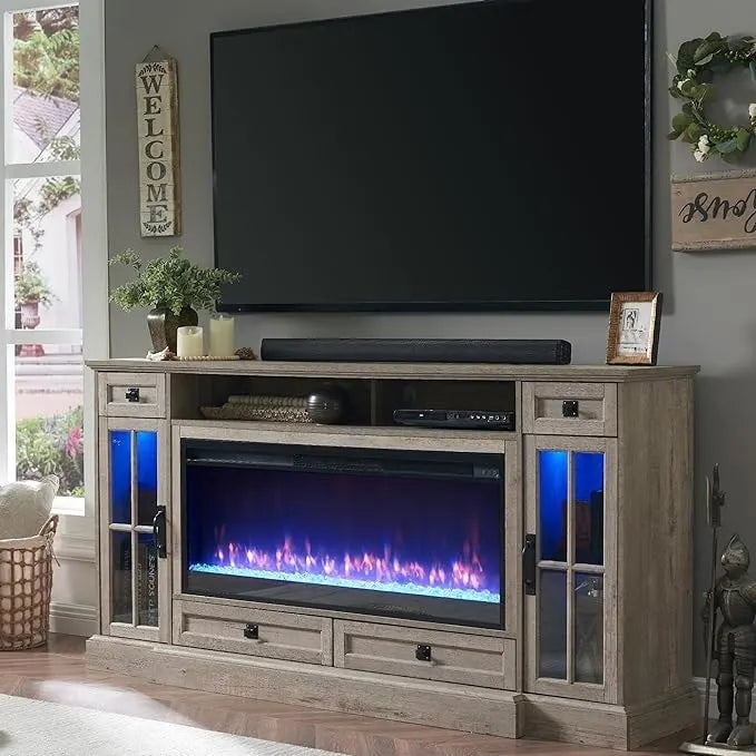 70" Farmhouse Electric Fireplace TV Stand with 4 Drawers and LED Lighting, Multi-Color