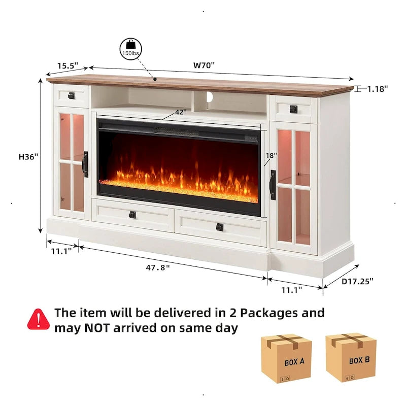 70" Farmhouse Electric Fireplace TV Stand with 4 Drawers and LED Lighting, Multi-Color