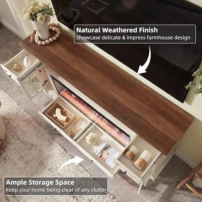 70" Farmhouse Electric Fireplace TV Stand with 4 Drawers and LED Lighting, Multi-Color